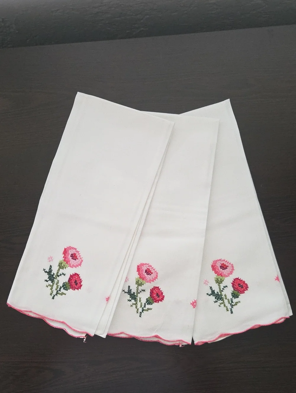 White Cotton Kitchen Tea Towels with Pink Floral Cross-Stitch - Set of 3